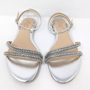 Jewel Badgley Mischka Roslyn Flat Sandal Ankle Strap Silver Rhinestones - W 5.5